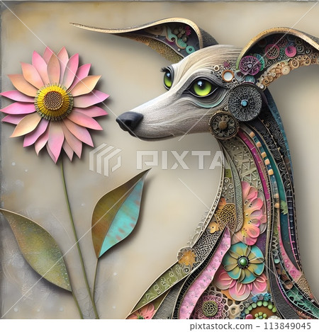 An unusual dog with a long neck decorated with patterns. 113849045