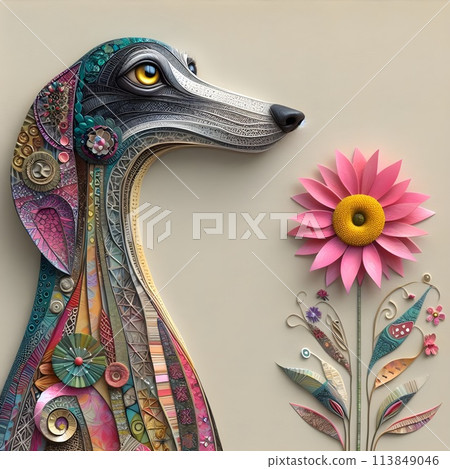 An unusual dog with a long neck decorated with patterns. 113849046