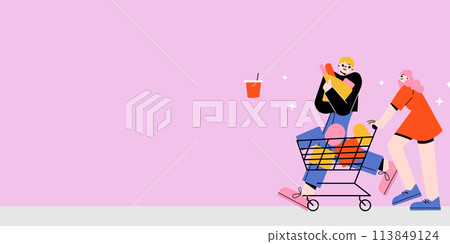 The image depicts a vibrant shopping scene with two characters joyfully pushing a grocery cart, set against a pink background accented with floating stars and a floating drink cup. The image depicts a vibrant shopping scene with two characters joyfully pushing a grocery cart, set against a pink background accented with floating stars and a floating drink cup. 113849124