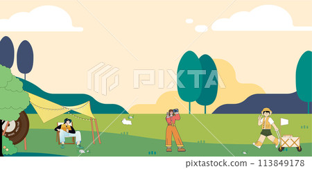 "An outdoor scene of a summer festival with various activities including relaxing under a canopy, a dog chasing a frisbee, filming, and strolling with a cart." "An outdoor scene of a summer festival with various activities including relaxing under a canopy, a dog chasing a frisbee, filming, and strolling with a cart." 113849178