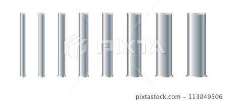 Metal poles with different diameters. metal columns. Steel pipes. Template design for urban advertising banners. 113849506