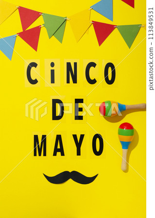 Inscription "Cinco de Mayo" with festive decorations Inscription "Cinco de Mayo" with festive decorations 113849531