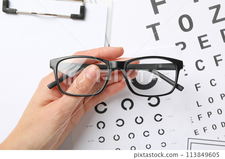 Glasses with a label for a paper vision test Glasses with a label for a paper vision test 113849605