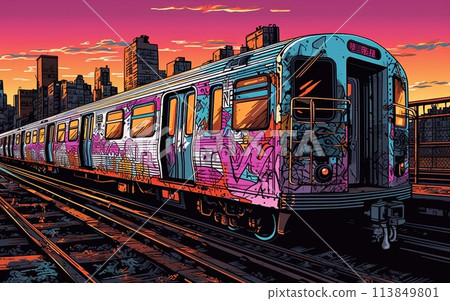 Subway train painted in graffiti on the tracks with New York city in background at sunset. Generative Ai illustration 113849801