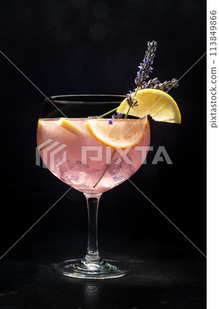 Fancy cocktail with fresh fruit. Gin and tonic drink with ice at a party Fancy cocktail with fresh fruit. Gin and tonic drink with ice at a party 113849866