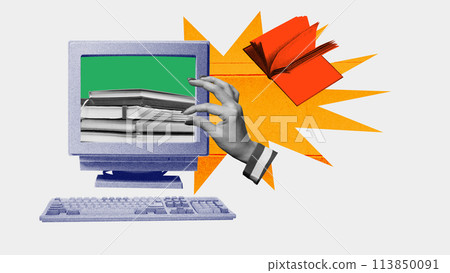 Hand taking books on computer screen. Contemporary art collage. Accessibility and convenience of digital learning Hand taking books on computer screen. Contemporary art collage. Accessibility and convenience of digital learning 113850091