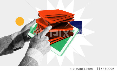 Person using tablet with books lying on screen. Contemporary art collage. Integration of traditional educational materials with digital platforms 113850096