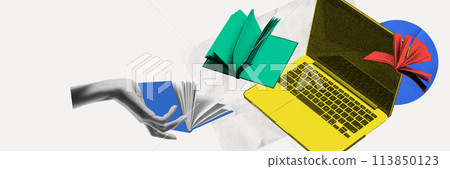 Hand with book next to laptop. Access to online courses and libraries. Contemporary art collage. Combination of textbook and video learning. 113850123