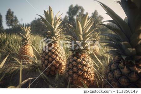 Pineapple plantation on a sunny day. Healthy and organic fruit. Generative Ai 113850149