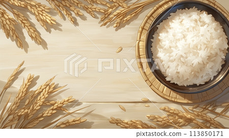A bowl of rice and an ear of rice 113850171