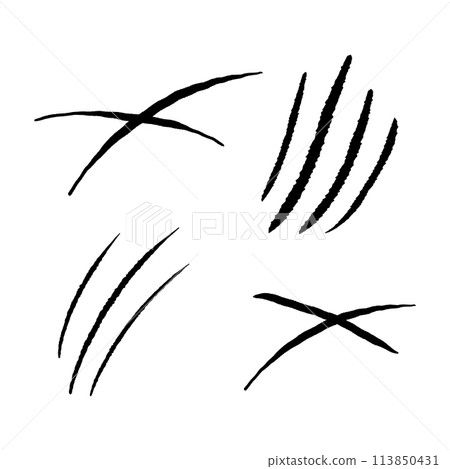 Clows scratches silhouette marks, cat or wild animal scrape track scratches paw shape isolated on white background. Nails trace texture with torn edge. 113850431