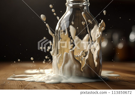 Bottle of milk and milk splash. Generative Ai illustration 113850672