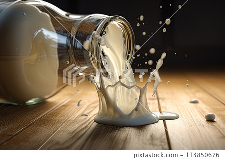 Milk spilling from the bottle. Generative Ai illustration 113850676