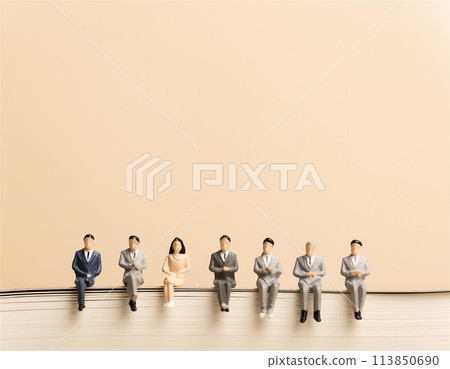 Miniature model of a business person sitting on a thick book 113850690