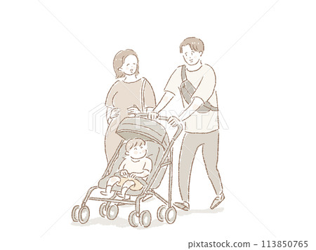 A man pushing a stroller, a pregnant woman, and a small child (father, mother, family) A man pushing a stroller, a pregnant woman, and a small child (father, mother, family) 113850765