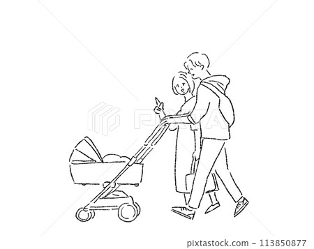Men and women (father, mother, family) walking while pushing a stroller and a pet cart, line drawing 113850877