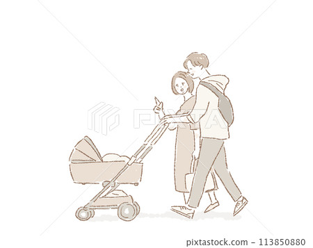 Men and women (father, mother, family) walking while pushing a stroller or pet cart Men and women (father, mother, family) walking while pushing a stroller or pet cart 113850880