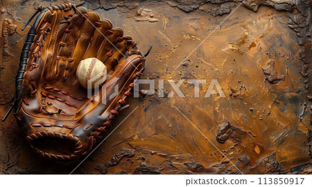 vintage baseball with glove close up 113850917