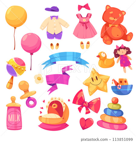 Cartoon baby shower elements collection with baby toys and ribbons 113851099