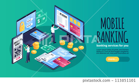 Isometric digital banking services horizontal banner template with business people using big screens 113851101