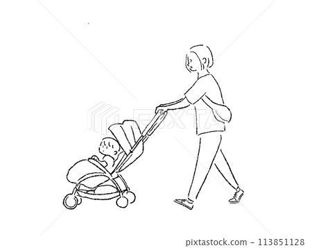 A woman walking with a stroller and a small child in the stroller (mother and child, family), line drawing 113851128