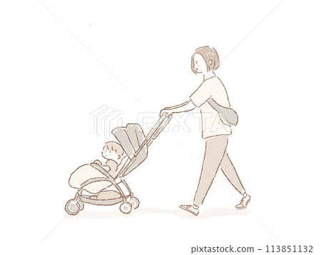 A woman walking with a stroller and a small child in the stroller (mother and child, family) A woman walking with a stroller and a small child in the stroller (mother and child, family) 113851132
