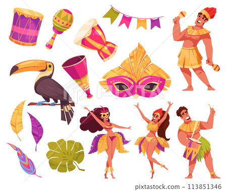 Hand drawn flat cartoon brazilian carnival elements collection with characters and musical instrument 113851346