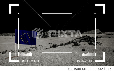 Lunar landscape with EU flag through viewfinder. Cosmic scene, astronomy and space background 113851447