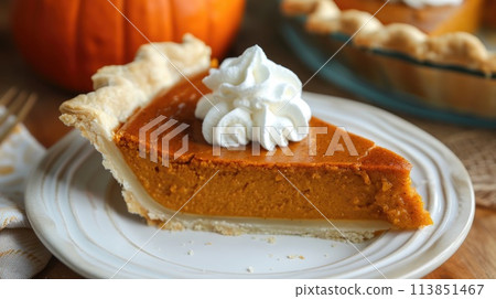 Delicious Pumpkin Pie Slice on Autumn Table Setting. AI generative 113851467