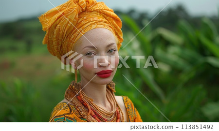Woman with red lipstick and traditional African headwrap.. AI generative Woman with red lipstick and traditional African headwrap.. AI generative 113851492
