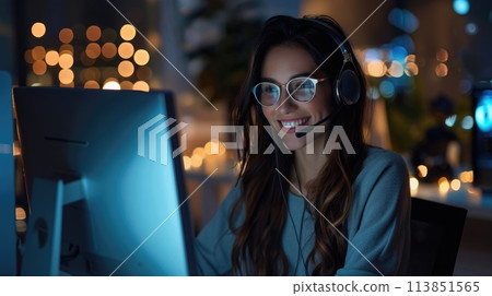 Smiling woman with headphones working on computer.. AI generative 113851565