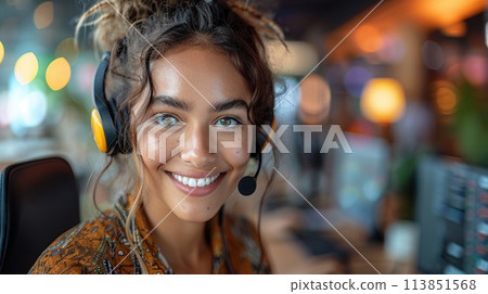 Happy customer service representative with headphones in a vibrant office.. AI generative 113851568