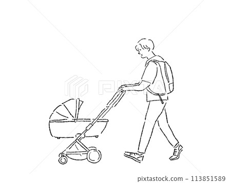 A man walking while pushing a baby cart (pet cart) (father and child, pet, family), line drawing 113851589