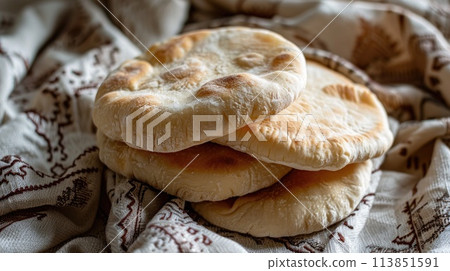 Stack of fresh pita bread on embroidered cloth.. AI generative 113851591