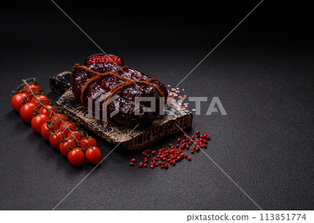 Delicious black blood sausage or black pudding with spices and herbs Delicious black blood sausage or black pudding with spices and herbs 113851774