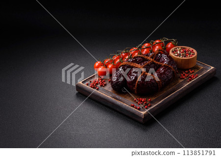 Delicious black blood sausage or black pudding with spices and herbs 113851791