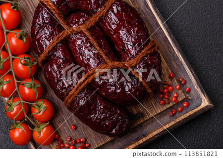 Delicious black blood sausage or black pudding with spices and herbs 113851821