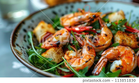 Grilled shrimp with herbs and spices on arugula salad.. AI generative Grilled shrimp with herbs and spices on arugula salad.. AI generative 113851830