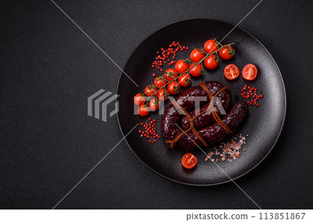 Delicious black blood sausage or black pudding with spices and herbs 113851867