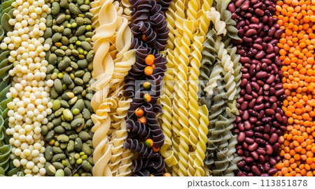 Assorted pasta variety arranged in colorful pattern.. AI generative Assorted pasta variety arranged in colorful pattern.. AI generative 113851878