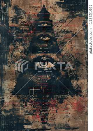 Mystical all-seeing eye pyramid with moon. Abstract grunge art with red and black splatters.. AI generative 113851962