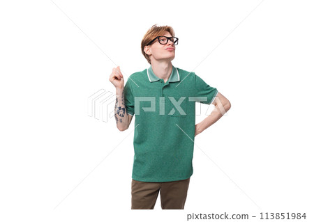 young dreaming european guy with red hair in glasses raised his head up and thinks 113851984