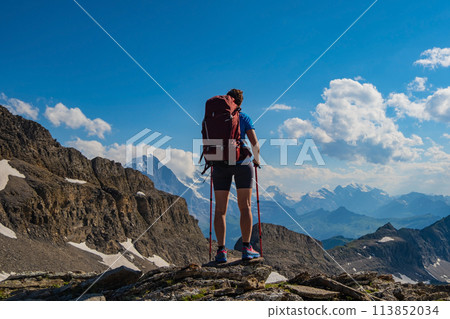 Sporty woman hiking in Switzerland alps. Heathy lifestyle, sport, beauty in nature. Grindelwald valley, Swizz 113852034