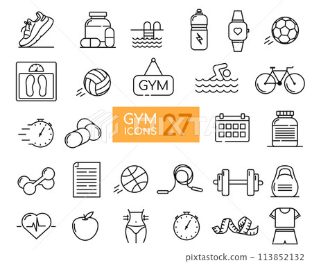 Fitness Activities Thin Line Icons. Containing healthy lifestyle, weight training, body care and workout or exercise equipment icons. Fitness and sport 113852132