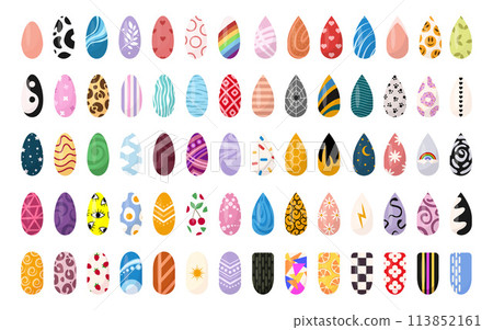 Ideas of nails design art. Bright colorful manicure set. Colorful glossy decorative polish collection with texture and print for finger nail. 113852161