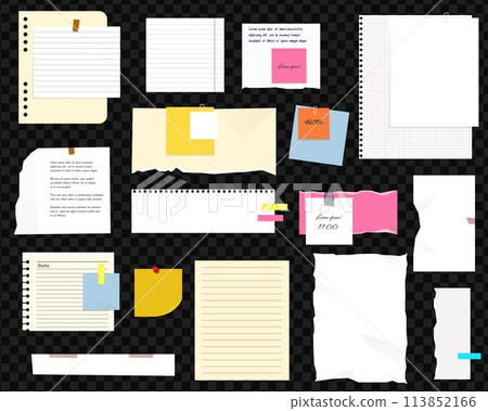 Paper notes, stickers, sticky sheets and tape. Colored ripped lined paper strips collection. Notepaper meeting reminder, office notice or information board with appointments 113852166