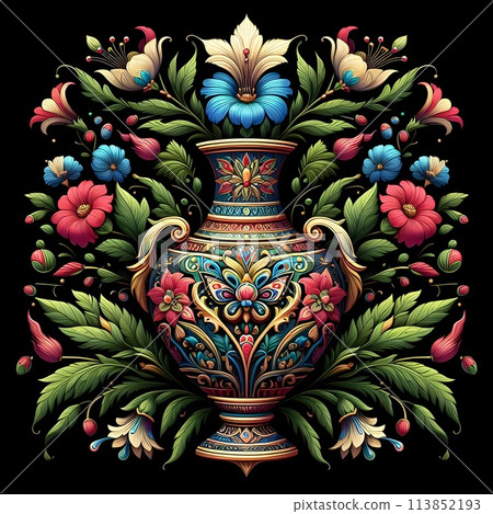 Colorful vases that are symmetrical in the center. Surrounded by flowers and leaves. 113852193