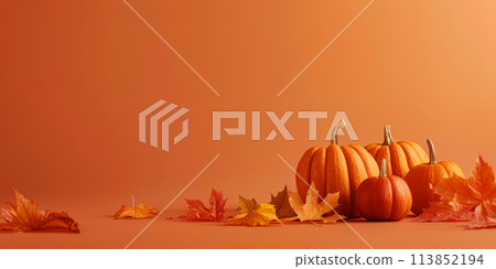 Pumpkins on an orange background. A banner with a copy space for text for autumn holidays - Halloween, Thanksgiving, harvest celebrations Pumpkins on an orange background. A banner with a copy space for text for autumn holidays - Halloween, Thanksgiving, harvest celebrations 113852194