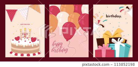 Set of Birthday greeting cards with cake, gift box, balloons. Holliday, party, vacation, happy birthday. Vector templates for card, poster, flyer, banner and other Set of Birthday greeting cards with cake, gift box, balloons. Holliday, party, vacation, happy birthday. Vector templates for card, poster, flyer, banner and other 113852198