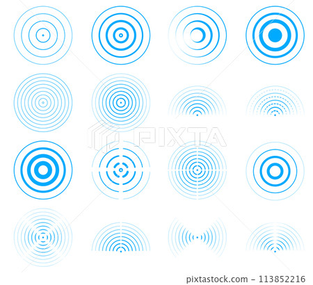 Radar vector icons. Signal concentric circles. Dotted sonar or sound wave rings collection. Digital radar circle network futuristic design. 113852216